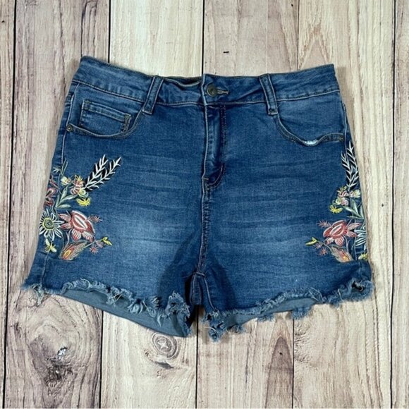 Cut Off Blue Jean Denim Shorts with Floral Embroidery and Distressed Hem - Picture 4 of 10